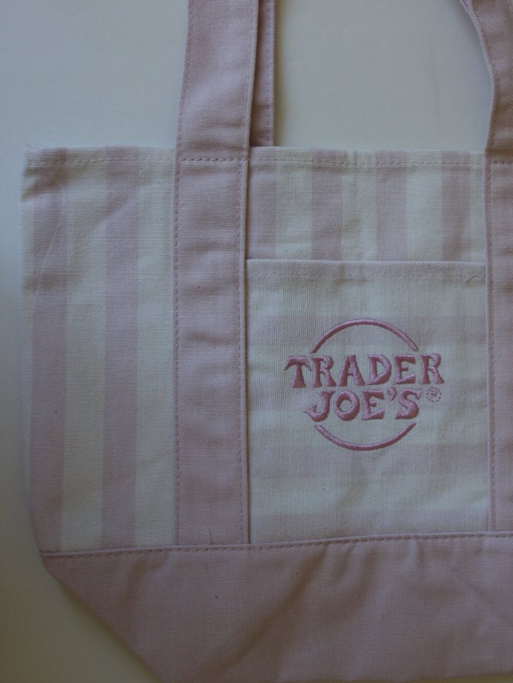 TRADER JOE'S Mini Tote Bag 2026 Cream/ Pink Striped Bag 65% Cotton 35% Polyester